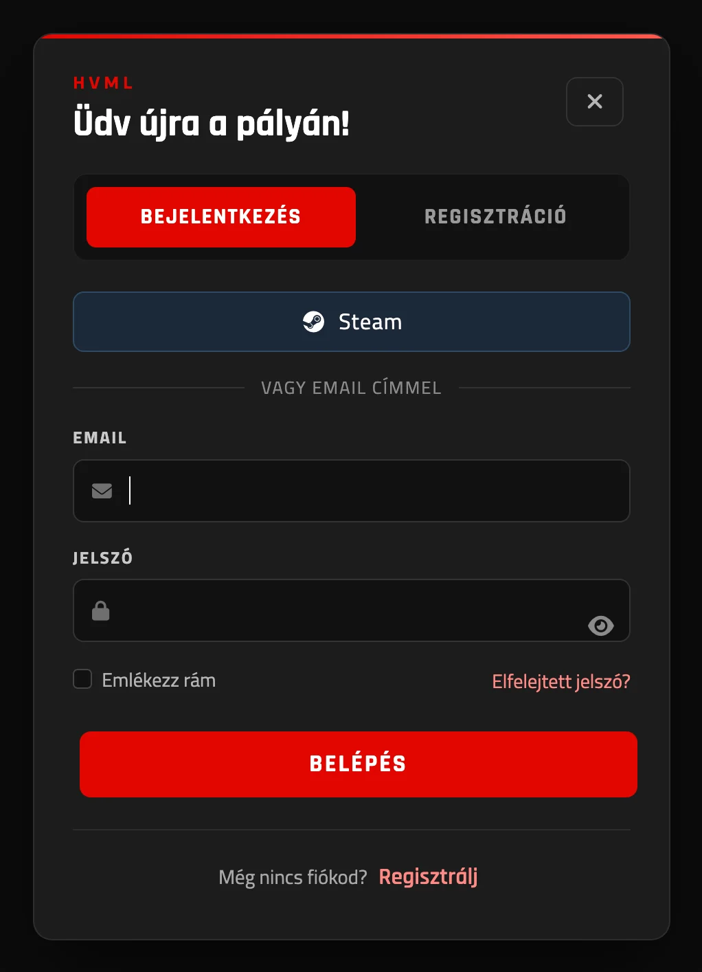 A belépő ablak a Steam gombbal